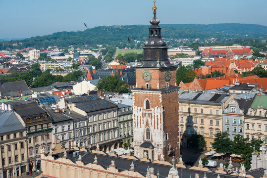View from the top of St. Marys Basilica showing Cloth Hall and Town Hall Tower in Krakow Old Town square