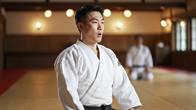 Focused Martial Artist Meditating in Traditional Gi at dojo with Blurred Practitioner in Background