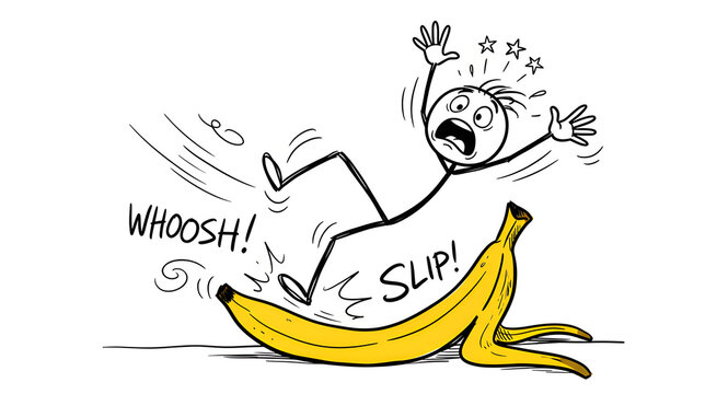 Slipping on a Banana Peel: A cartoon stick figure is in mid-air, arms flailing in shock after slipping on a banana peel, with WHOOSH! and SLIP! sound effects depicted.