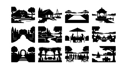 Obraz premium Black Silhouette Vector Scenes: Gardens, Estates, and Outdoor Living Elements