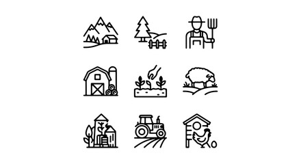 Farm and Agriculture Icons Set, Rural Landscape and Livestock Vector Graphics, Organic Food Production Symbols © md
