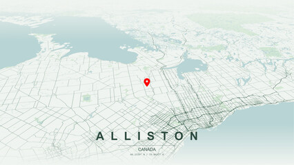 Modern minimalist vector map of Alliston, Ontario. High-quality scalable illustration of Alliston geographic boundaries within the town of New Tecumseth, Boyne River shoreline for posters design. © AliRza