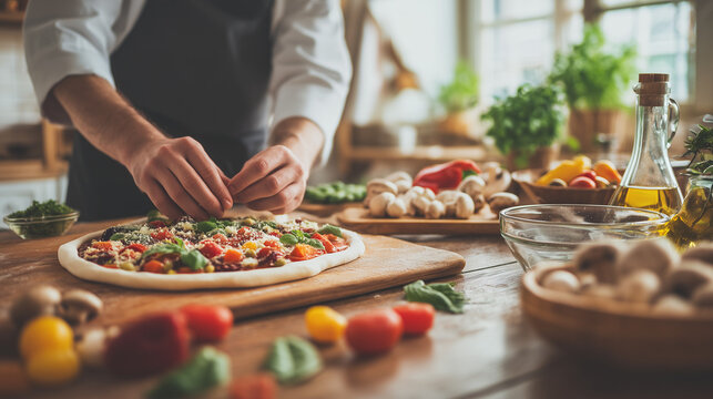 Chef preparing fresh pizza with vegetables, cheese and herbs on wooden table in rustic kitchen. Traditional Italian cuisine and homemade cooking concept.