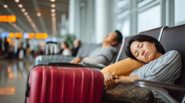 Tired travelers sleeping in airport terminal while waiting for delayed flight with luggage beside them. Travel delay, overnight layover and airport waiting concept.