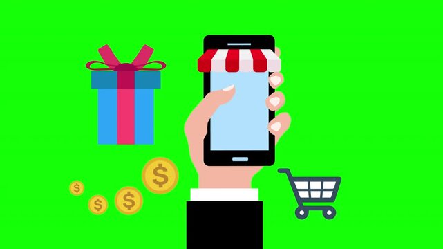 Mobile Shopping Online Commerce Gift Coins Cart Animation 