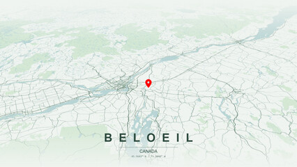 Minimalist vector map of Beloeil, Quebec. High-quality scalable illustration of Beloeil geographic boundaries within the La Vallée-du-Richelieu county, Richelieu River shoreline for posters design. © AliRza