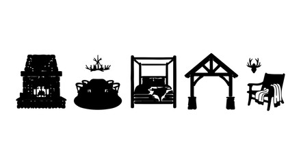 Obraz premium Rustic Home Decor Icons, Cozy Fireplace, Canopy Bed, Outdoor Gazebo, Armchair Silhouette Set