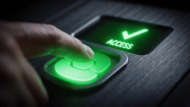 Finger presses biometric scanner, activating red lock symbol, followed by green light indicating access granted on sleek, modern security panel with digital display