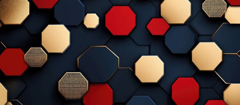 Elegant 3D Octagonal Mosaic with Textured Gold, Red, and Navy Blue Surfaces