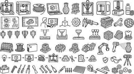 Naklejka premium hand drawn 3d printing and additive manufacturing icon set