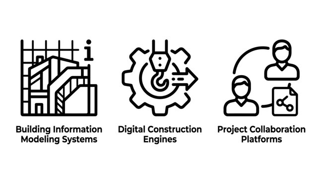 Set of engineering and construction technology icons representing building information modeling and project collaboration with construction engineering modeling technology collaboration planning