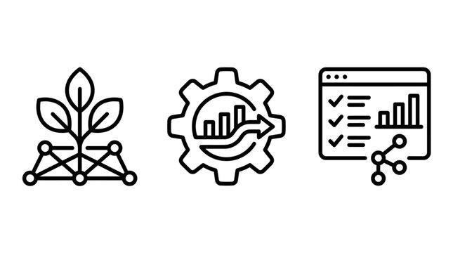Agricultural data analytics and growth optimization icons with agriculture analytics optimization business statistics technology management reporting information development planning
