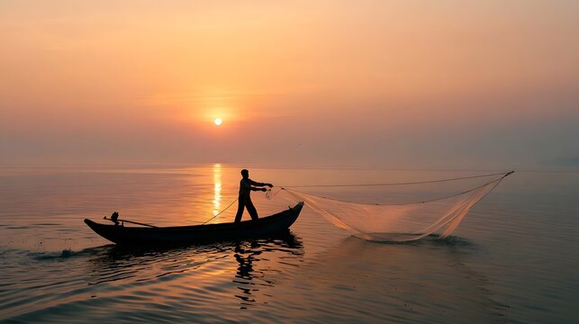 A fisherman casts his net from a small boat on tranquil water as the sun rises over the horizon