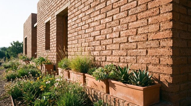 Villa wall made of compressed earth blocks in reddish brown tone under daylight