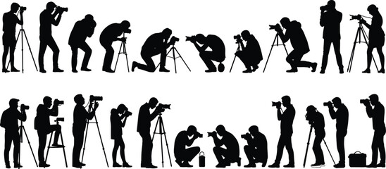 Photographers silhouettes with cameras tripods shooting poses creative work flat vector © MstBegum