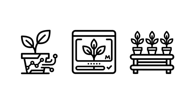 Smart plant cultivation and monitoring technology icons with agriculture technology cultivation monitoring innovation automation hardware software analysis industry development efficiency