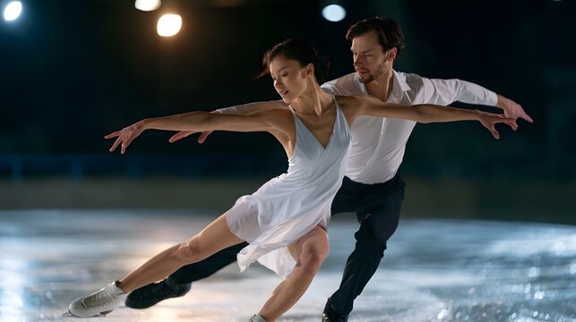 A pair of figure skaters gracefully gliding across an illuminated ice rink under bright overhead lights