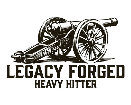 Vintage cannon illustration. Legacy forged military graphic. Retro artillery design.