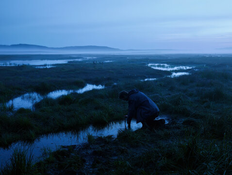 Ecologist taking soil samples from vast misty wetland landscape at early morning twilight shot on premium 35mm lens with natural depth of field