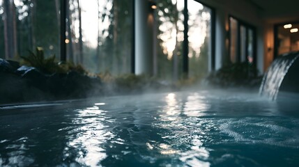 Fototapeta premium A serene indoor hot spring pool with steam rising from warm water surrounded by large overlooking a forested landscape