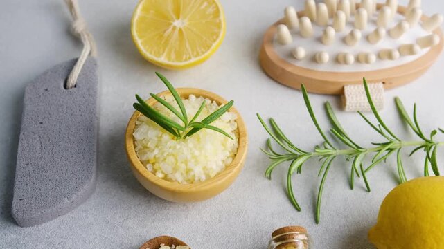 Bath and body spa items with lemon and rosemary on a neutral background