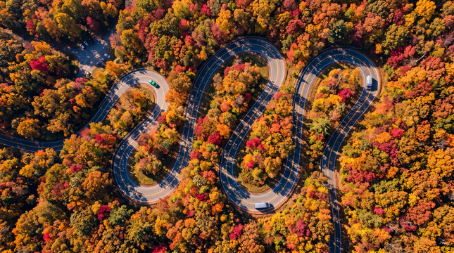 Top down view of winding autumn forest highway with cars. Serpentine S curve asphalt road loops through colorful red orange fall foliage tree canopy background
