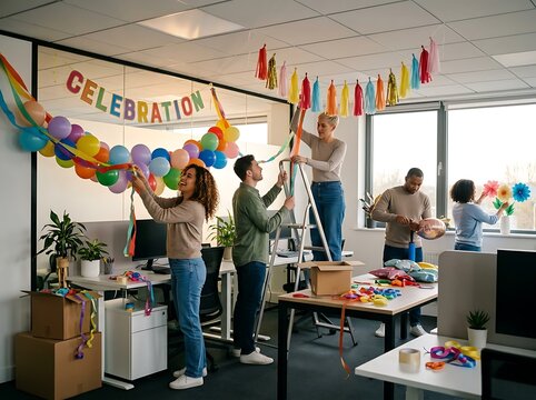 Office Celebration Decorations Being Set Up By Diverse Team Members Enhancing Workplace Morale And Team Spirit