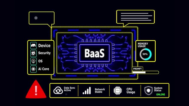 Cloud Computing Backend as a Service Baa S Warning Alert Digital Circuit Globe BaaS technology with Cyber Security Dashboard Animation 4K.