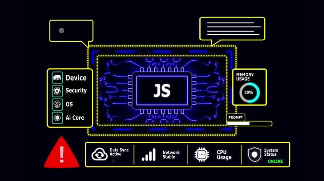 Java Script Programming Error Icon on Circuit Board with Prompt Bar JavaScript code with Cyber Security Dashboard Animation 4K.