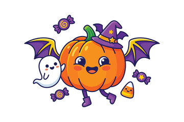 Fototapeta premium Cute Halloween pumpkin character with bat wings and witch hat