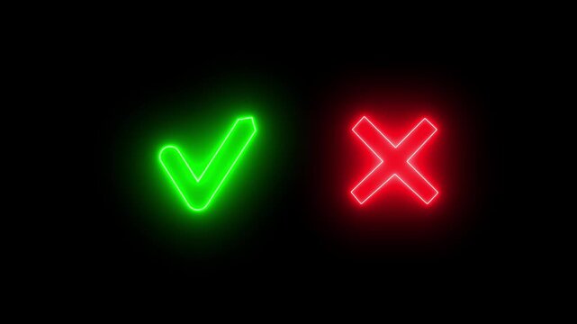 tick or check mark and cross mark signs neon icon animation. right and wrong animated neon icons, False and true. accept and reject. neon right and wrong icon animation with black background 4k video.