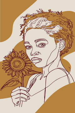 Line drawing of African American woman with sunflower boho style. Aesthetic abstract portrait of a Black woman with curly hair.  Minimalist line art of Black woman holding sunflower. 
