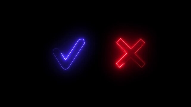 tick or check mark and cross mark signs neon icon animation. right and wrong animated neon icons, False and true. accept and reject. neon right and wrong icon animation with black background 4k video.