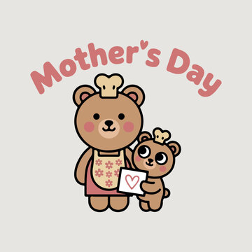 Cute cartoon mother bear and baby celebrating Mother's Day vector. Minimal vector illustration of cute mother bear and cub with love card. Happy Mother's Day graphic featuring cute cartoon bears. 