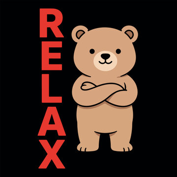 Minimalist brown bear standing with arms crossed on black background.  Funny brown bear relaxing character design for print on demand. 