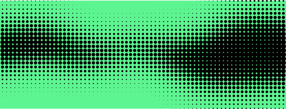 Green halftone pattern background, abstract black dot gradient texture, retro pop art vector banner for modern graphic design and web headers
