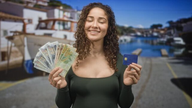 Woman holding a fanned stack of peruvian soles and a creditcard, smiling at camera on a harbor street; prosperity.