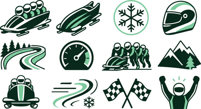 Stylized Bobsled Winter Sports Icons Set, Speed, Race, Mountain Elements