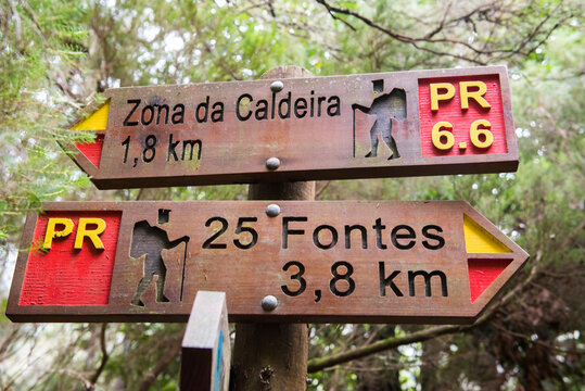 Hiking trail signs for Zona da Caldeira and 25 Fontes in Madeira, Portugal