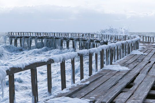 Old Snow-Covered Fishing Pier in Winter with Icy Waves Crashing Against Pilings Under Overcast Sky