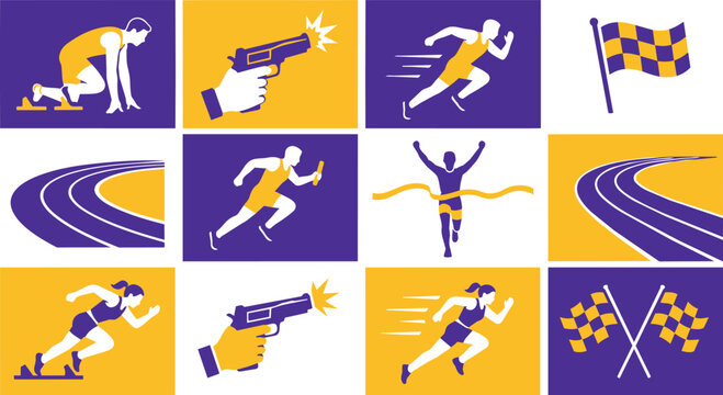 Track and field athletics running race stylized vector icons set