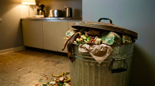 Overfilled bucket sits near kitchen counter