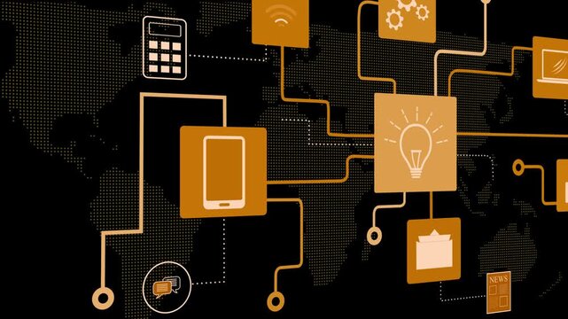Abstract digital network animation with app icons connected by lines over a dotted world map animation