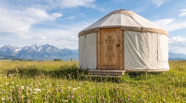 Yurt tent with carved wooden door on open grassland with distant mountains