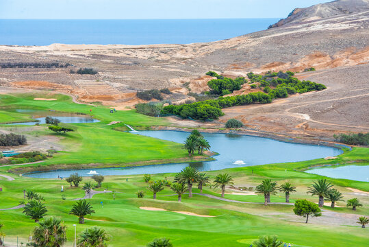 Golf activity on Porto Santo Island in Madeira island landscape near the ocean with day visibility