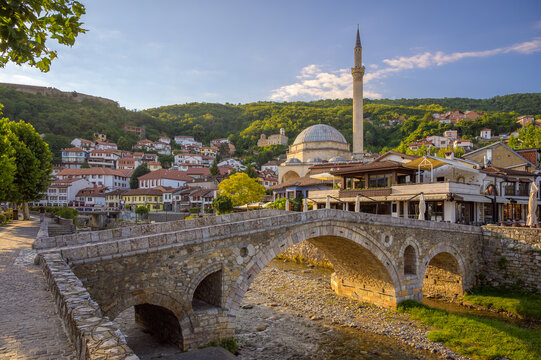 Historic Stone Bridge at Sunrise with Mosque and Hillside Town, Prizren, Kosovo