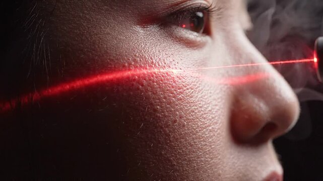 Asian female undergoing laser treatment on her face, with a visible red laser beam and smoke effects, highlighting skin texture and facial features in a clinical setting