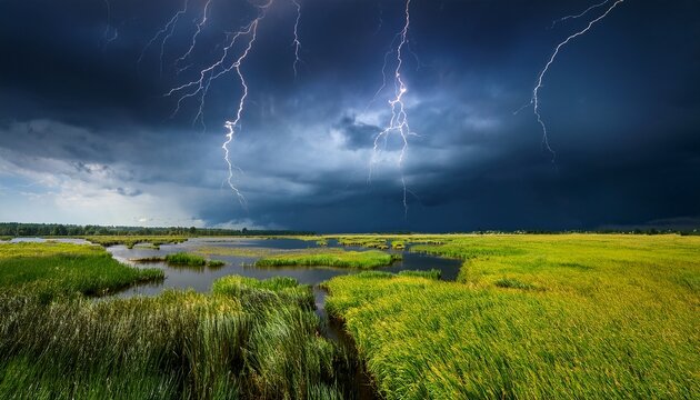 intense lightning storm illuminates a vast green marshland under dark brooding clouds and heavy
