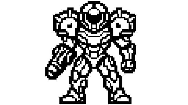 Pixel Art Retro Sci Fi Warrior Robot Character.