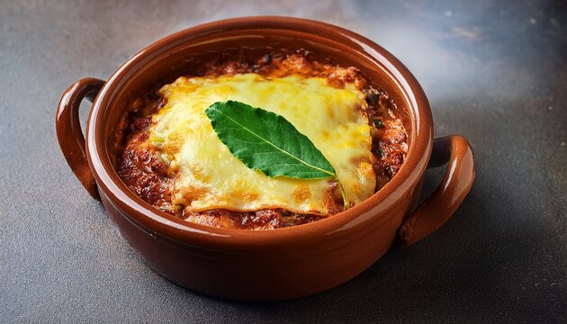 traditional clay pot is filled with hot baked food like stew or lasagna with melted cheese accompanied by green bay leaves